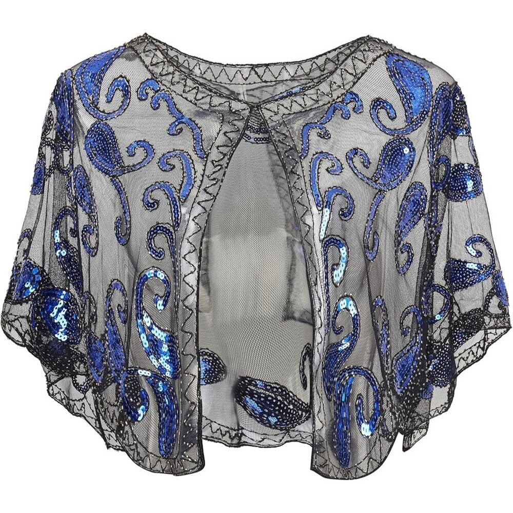 🆕 Women Blue Sequin Beaded Evening Cape Bridal Shawl Bolero Flapper Cover Up